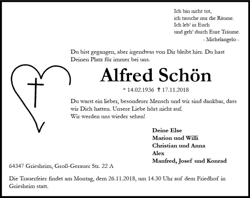 Traueranzeige für Alfred Schön vom 24.11.2018 aus vrm-trauer