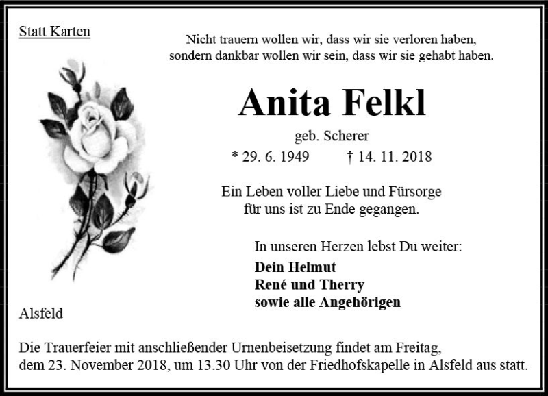  Traueranzeige für Anita Felkl vom 20.11.2018 aus VRM Trauer