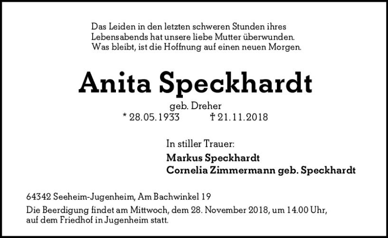  Traueranzeige für Anita Speckhardt vom 24.11.2018 aus vrm-trauer