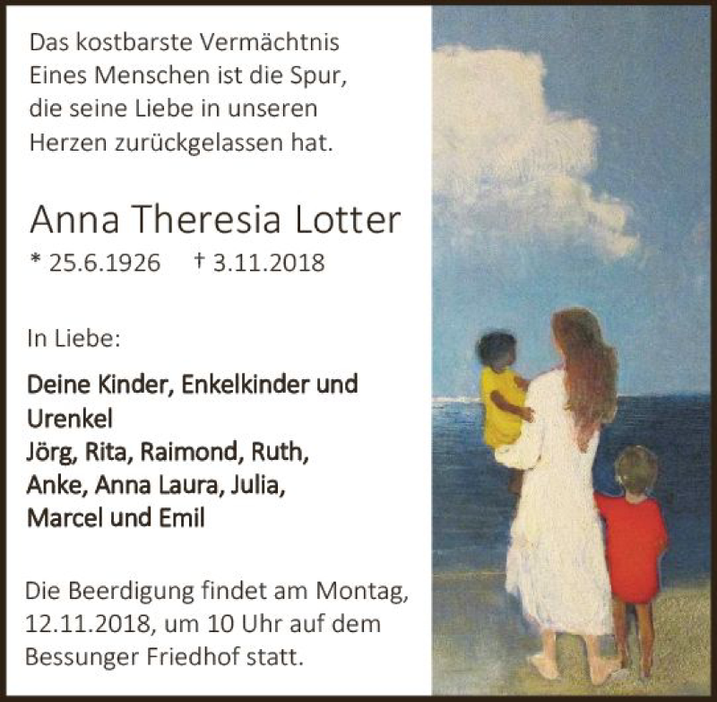  Traueranzeige für Anna Theresia Lotten vom 10.11.2018 aus vrm-trauer