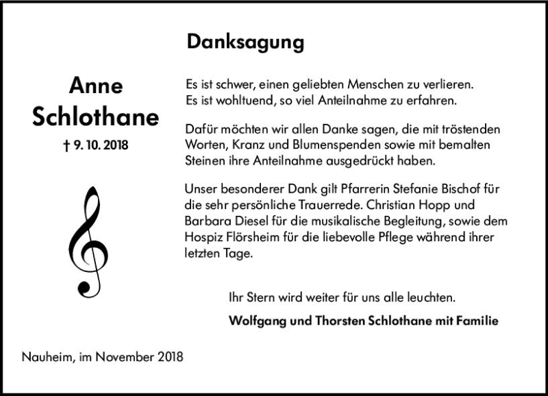 Traueranzeige für Anne Schlothane vom 10.11.2018 aus vrm-trauer