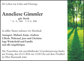 Traueranzeige von Anneliese Gimmler von vrm-trauer