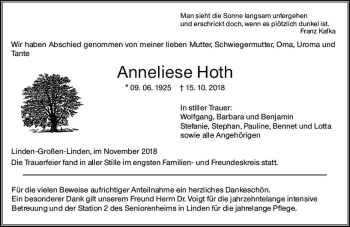 Traueranzeige von Anneliese Hoth von  Gießener Anzeiger