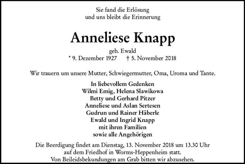  Traueranzeige für Anneliese Knapp vom 09.11.2018 aus vrm-trauer