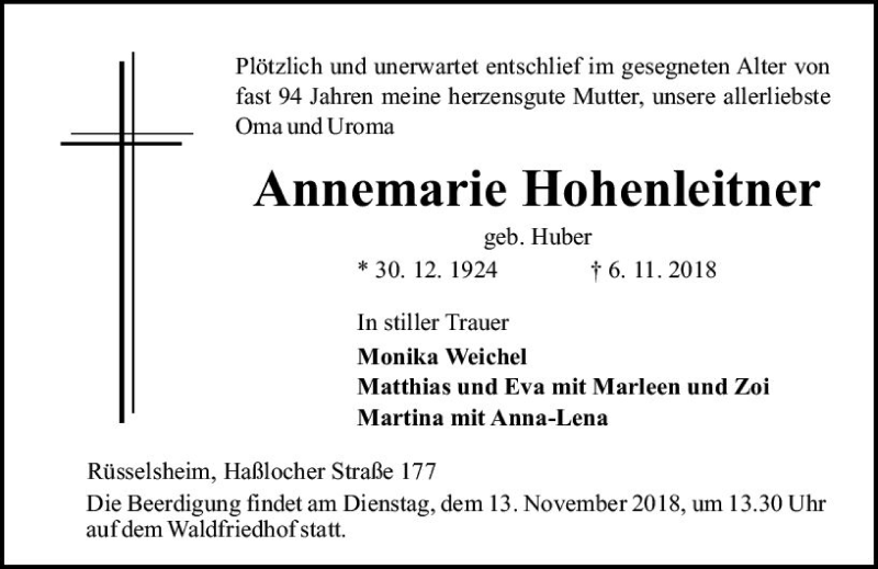  Traueranzeige für Annemarie Hohenleitner vom 10.11.2018 aus vrm-trauer
