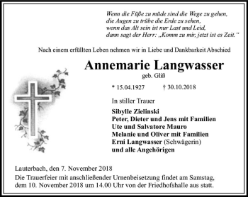 Traueranzeige von Annemarie Langwasser von VRM Trauer