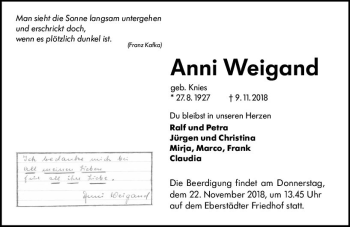 Traueranzeige von Anni Weigand von vrm-trauer