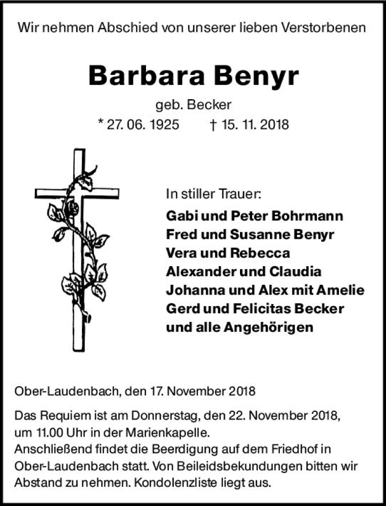  Traueranzeige für Barbara Benyr vom 17.11.2018 aus vrm-trauer