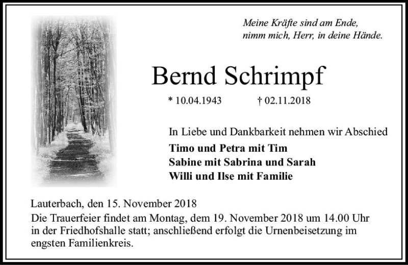  Traueranzeige für Bernd Schrimpf vom 15.11.2018 aus VRM Trauer