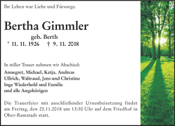 Traueranzeige von Bertha Gimmler von vrm-trauer