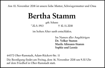 Traueranzeige von Bertha Stamm von vrm-trauer