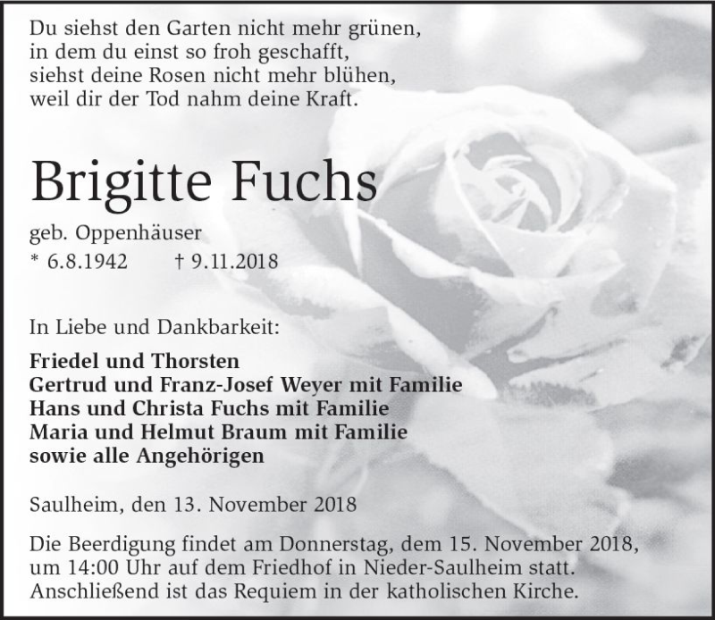 Traueranzeige für Brigitte Fuchs vom 13.11.2018 aus vrm-trauer