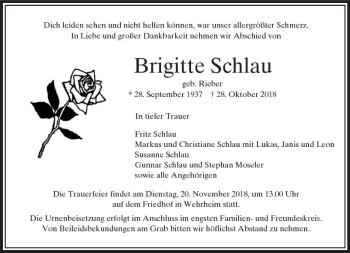Traueranzeige von Brigitte Schlau von  Usinger Anzeiger