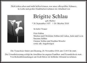 Traueranzeige von Brigitte Schlau von  Usinger Anzeiger