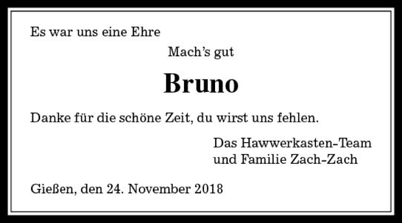  Traueranzeige für Bruno  vom 24.11.2018 aus  Gießener Anzeiger
