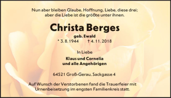 Traueranzeige von Christa Berges von vrm-trauer