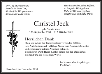 Traueranzeige von Christel Jeck von  Camberger Anzeiger