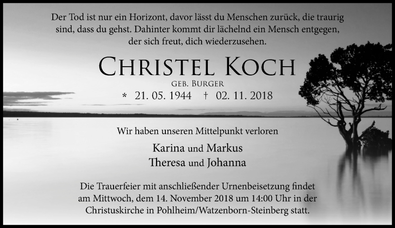 Traueranzeige für Christel Koch vom 10.11.2018 aus  Gießener Anzeiger