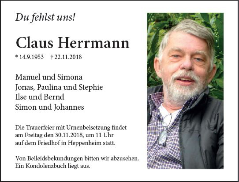  Traueranzeige für Claus Herrmann vom 26.11.2018 aus vrm-trauer