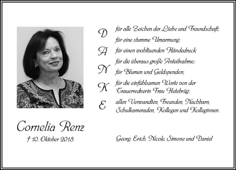  Traueranzeige für Cornelia Renz vom 10.11.2018 aus vrm-trauer