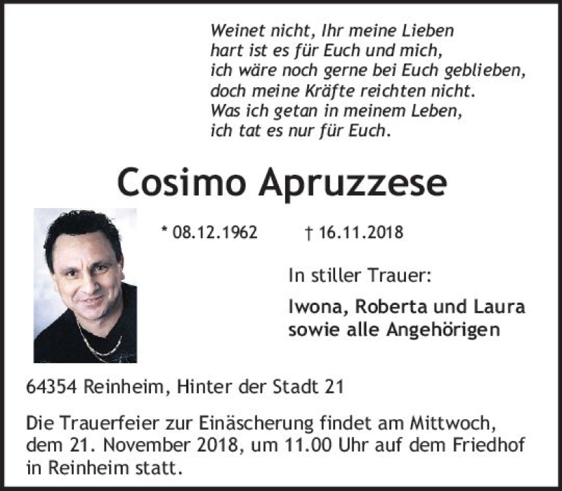  Traueranzeige für Cosimo Apruzzese vom 19.11.2018 aus vrm-trauer
