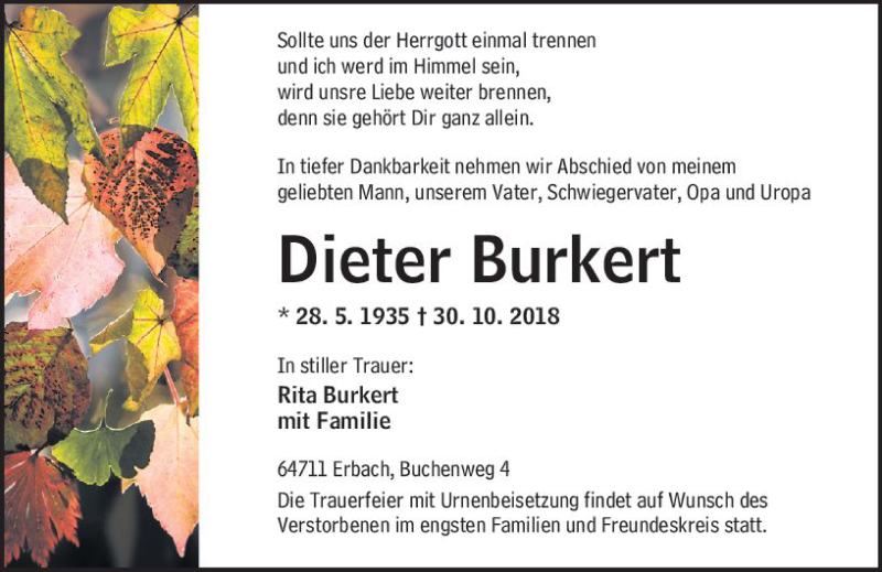  Traueranzeige für Dieter Burkert vom 03.11.2018 aus vrm-trauer