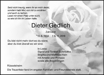 Traueranzeige von Dieter Gedlich von vrm-trauer