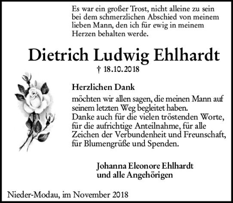  Traueranzeige für Dietrich Ludwig Ehlhardt vom 10.11.2018 aus vrm-trauer