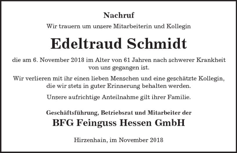  Traueranzeige für Edeltraud Schmidt vom 16.11.2018 aus  Kreisanzeiger