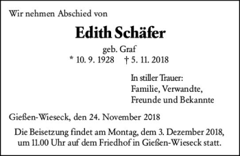 Traueranzeige von Edith Schäfer von  Gießener Anzeiger