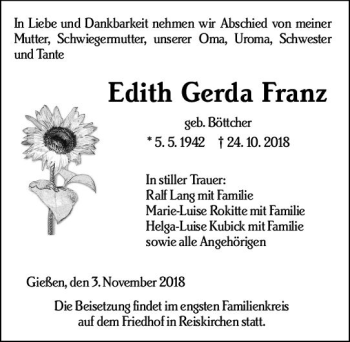 Traueranzeige von Edith Gerda Franz von  Gießener Anzeiger