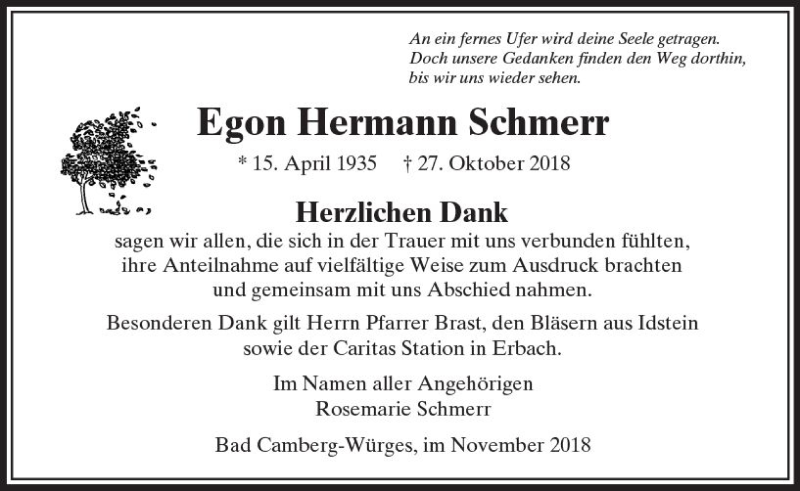  Traueranzeige für Egon Hermann Schmerr vom 29.11.2018 aus  Camberger Anzeiger