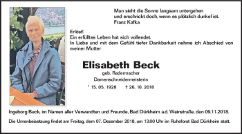 Traueranzeige von Elisabeth Beck von vrm-trauer