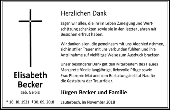 Traueranzeige von Elisabeth Becker von VRM Trauer