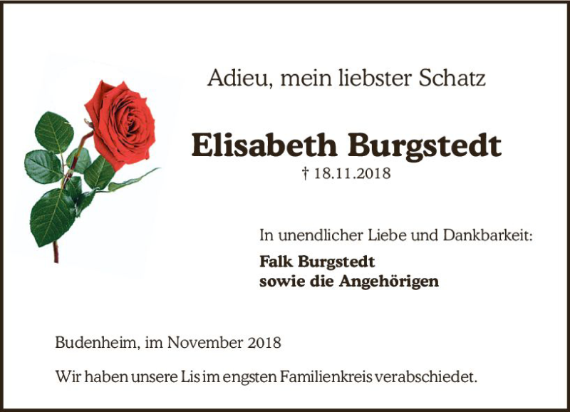  Traueranzeige für Elisabeth Burgstedt vom 24.11.2018 aus vrm-trauer
