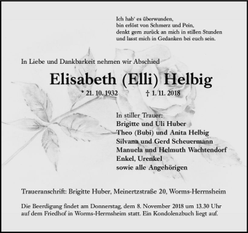 Traueranzeige von Elisabeth Helbig von vrm-trauer