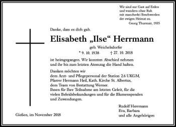 Traueranzeige von Elisabeth Herrmann von  Gießener Anzeiger