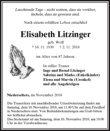 Traueranzeige von Elisabeth Litzinger von  Camberger Anzeiger