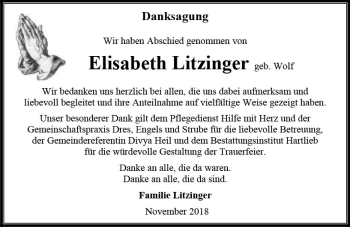 Traueranzeige von Elisabeth Litzinger von  Camberger Anzeiger