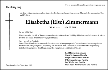 Traueranzeige von Elisabetha  Zimmermann von vrm-trauer