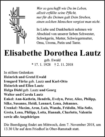 Traueranzeige von Elisabethe Dorothea Lautz von vrm-trauer