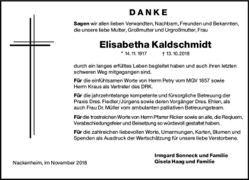 Traueranzeige von Elisabeths Kaldschmidt von vrm-trauer