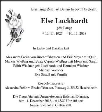 Traueranzeige von Else Luckhardt von  Gießener Anzeiger