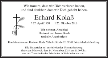 Traueranzeige von Erhard Kolaß von  Usinger Anzeiger