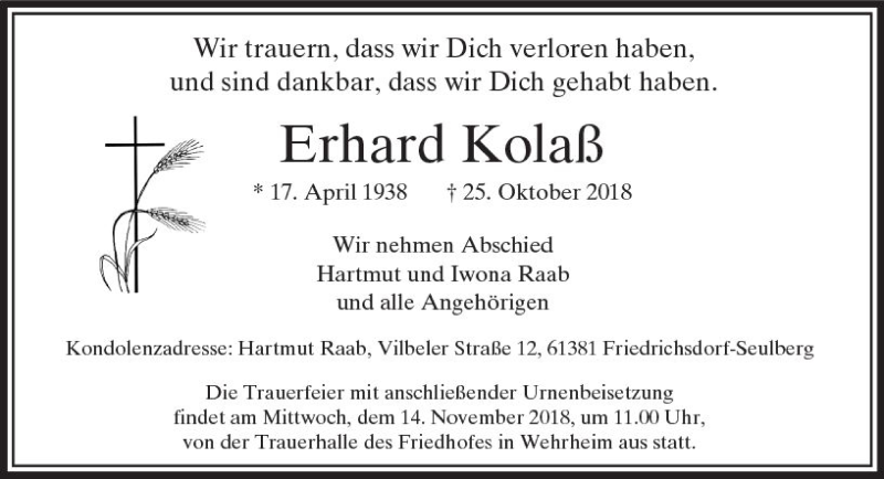  Traueranzeige für Erhard Kolaß vom 03.11.2018 aus  Usinger Anzeiger