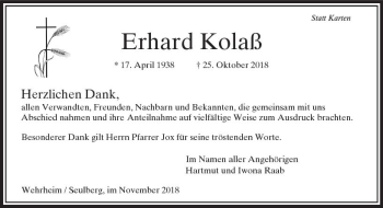 Traueranzeige von Erhard Kolaß von  Usinger Anzeiger