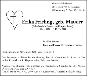 Traueranzeige von Erika Frieling von vrm-trauer