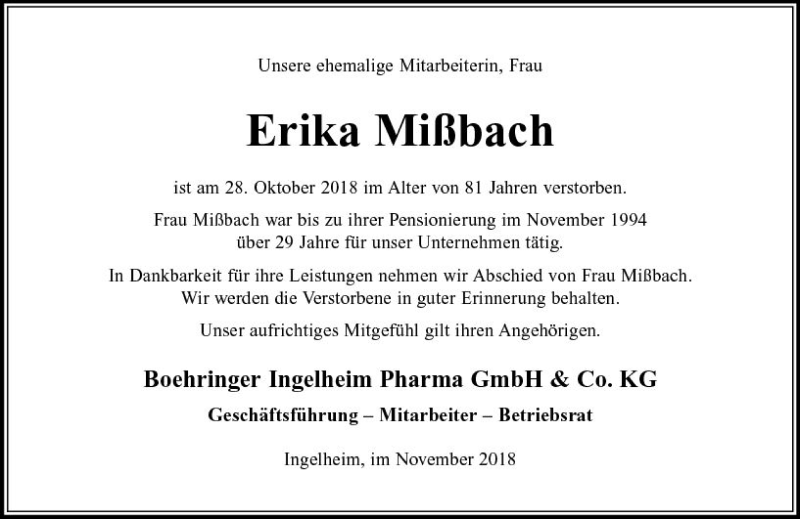  Traueranzeige für Erika Mißbach vom 10.11.2018 aus vrm-trauer