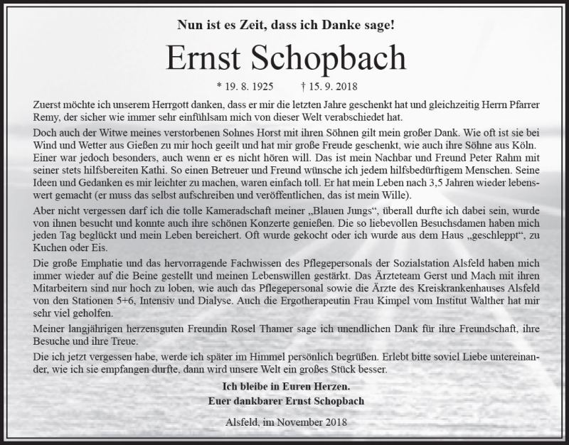  Traueranzeige für Ernst Schopbach vom 17.11.2018 aus VRM Trauer
