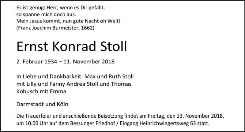 Traueranzeige für Ernst Konrad Stoll vom 17.11.2018 aus vrm-trauer